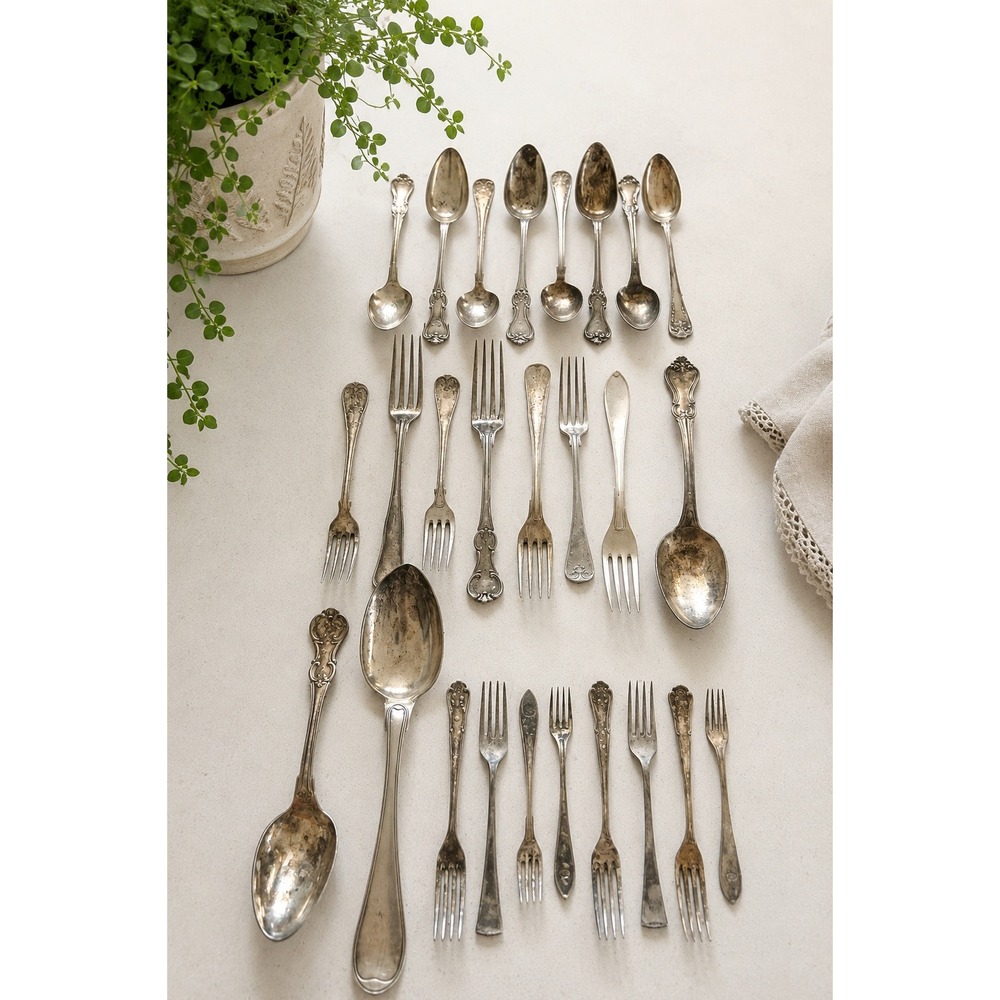 Vintage Silver Plate Flatware Lot 26 Pc Ornate Spoons Fork Mixed Patterns Rustic